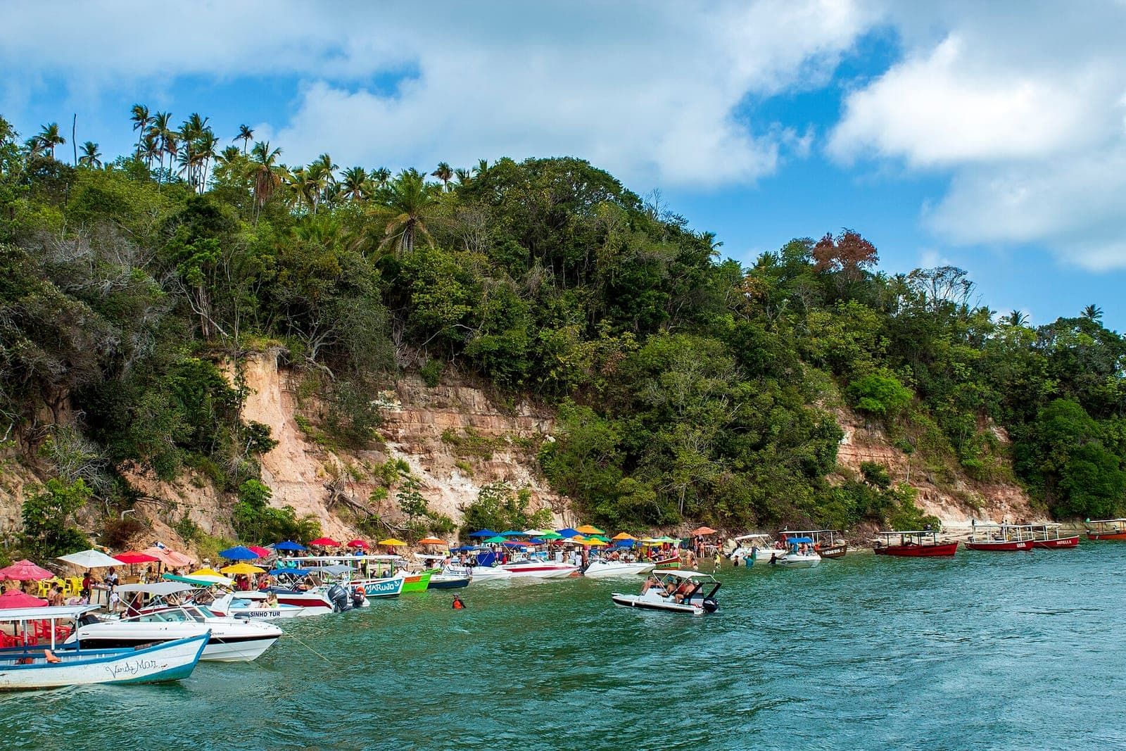 Falésia com mata na Praia de Guadalupe, em Sirinhaém, com barcos e guarda-sóis coloridos na beira do rio