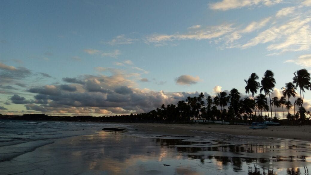 Fim de tarde na Praia do Paiva, com areia molhada refletindo o céu e silhueta de coqueiros